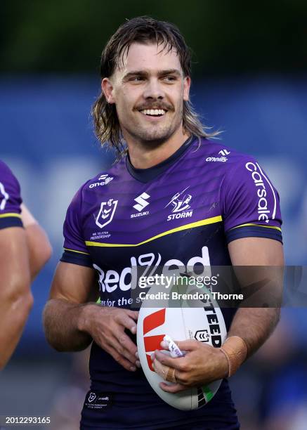 Ryan Papenhuyzen of the Storm looks on during the NRL Pre-season challenge match between Canterbury Bulldogs and Melbourne Storm at Belmore Sports...