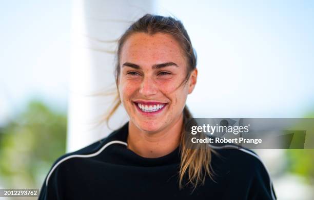 Aryna Sabalenka talks to the media on Day 1 of the Dubai Duty Free Tennis Championships, part of the Hologic WTA Tour at Dubai Duty Free Tennis...