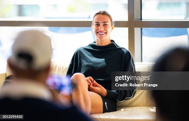 Aryna Sabalenka talks to the media on Day 1 of the Dubai Duty Free Tennis Championships, part of the Hologic WTA Tour at Dubai Duty Free Tennis...