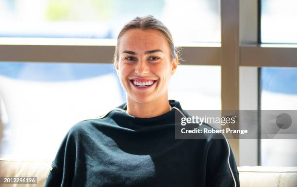 Aryna Sabalenka talks to the media on Day 1 of the Dubai Duty Free Tennis Championships, part of the Hologic WTA Tour at Dubai Duty Free Tennis...