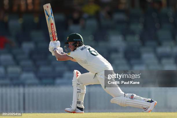 Beth Mooney of Australia bats during day one of the Women's Test Match between Australia and South Africa at the WACA on February 15, 2024 in Perth,...