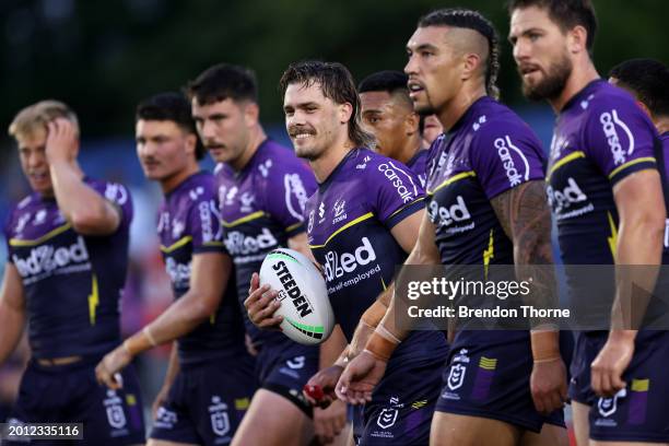 Ryan Papenhuyzen of the Storm looks on during the NRL Pre-season challenge match between Canterbury Bulldogs and Melbourne Storm at Belmore Sports...