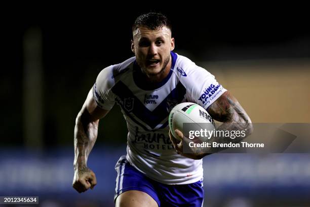 Bronson Xerri of the Bulldogs runs the ball during the NRL Pre-season challenge match between Canterbury Bulldogs and Melbourne Storm at Belmore...