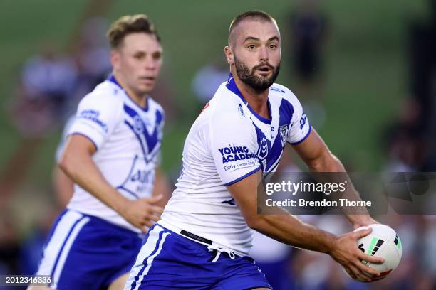 Jaeman Salmon of the Bulldogs runs the ball during the NRL Pre-season challenge match between Canterbury Bulldogs and Melbourne Storm at Belmore...