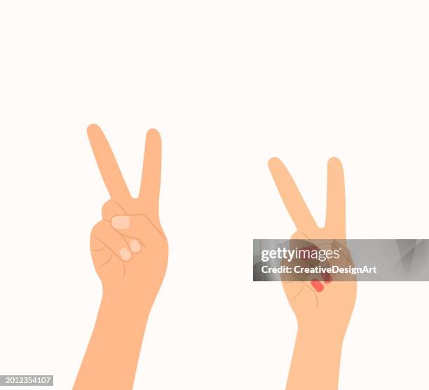 two hands making victory or peace sign on white background - two fingers stock illustrations