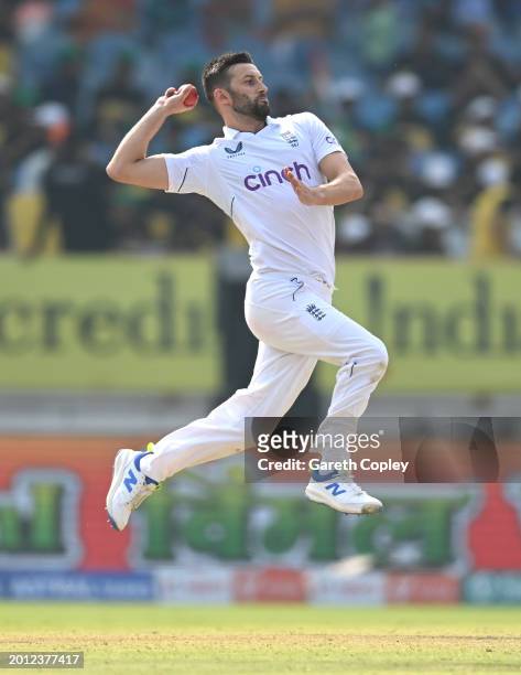 England bowler Mark Wood in bowling action during day one of the 3rd Test Match between India and England at Saurashtra Cricket Association Stadium...