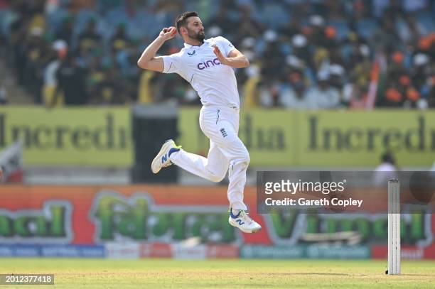 England bowler Mark Wood in bowling action during day one of the 3rd Test Match between India and England at Saurashtra Cricket Association Stadium...