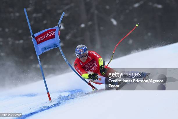 Marco Odermatt of Team Switzerland in action during the Audi FIS Alpine Ski World Cup Men's Super G on February 18, 2024 in Kvitfjell Norway.