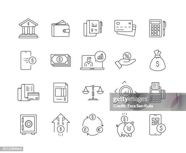 banking and finance line icon set with editable stroke - online bank statement stock illustrations