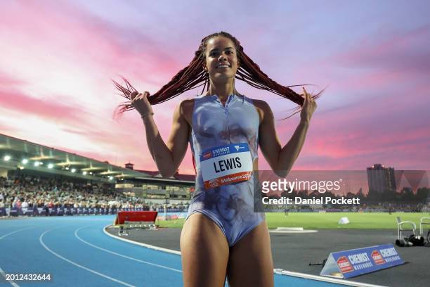 Torrie Lewis of Australia poses for a photograph after competing in the women's 100 metre final during the 2024 Maurie Plant Meet at Lakeside Stadium...