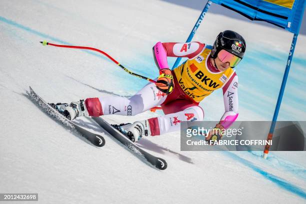 Austria's Stephanie Venier competes during the Women's Super G event at the FIS Alpine Ski World Cup in Crans-Montana on February 18, 2024.