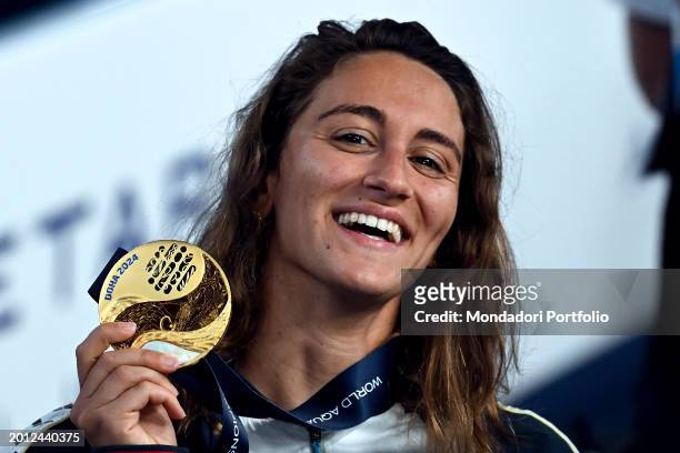 Simona Quadarella of Italy attends the medal ceremony after competing in the 1500m Freestyle Women Final during the 21st World Aquatics Championships...