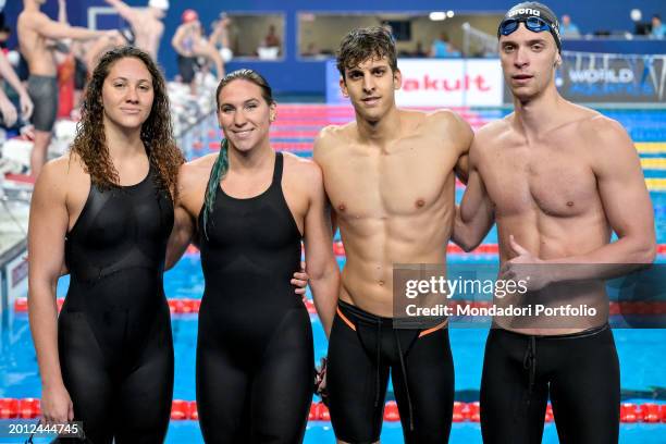 Chiara Tarantino, Giulia D'innocenzo, Michele Lamberti and, Ludovico Blu Art Viberti of Italy react after competing in the swimming 4x100m Medley...