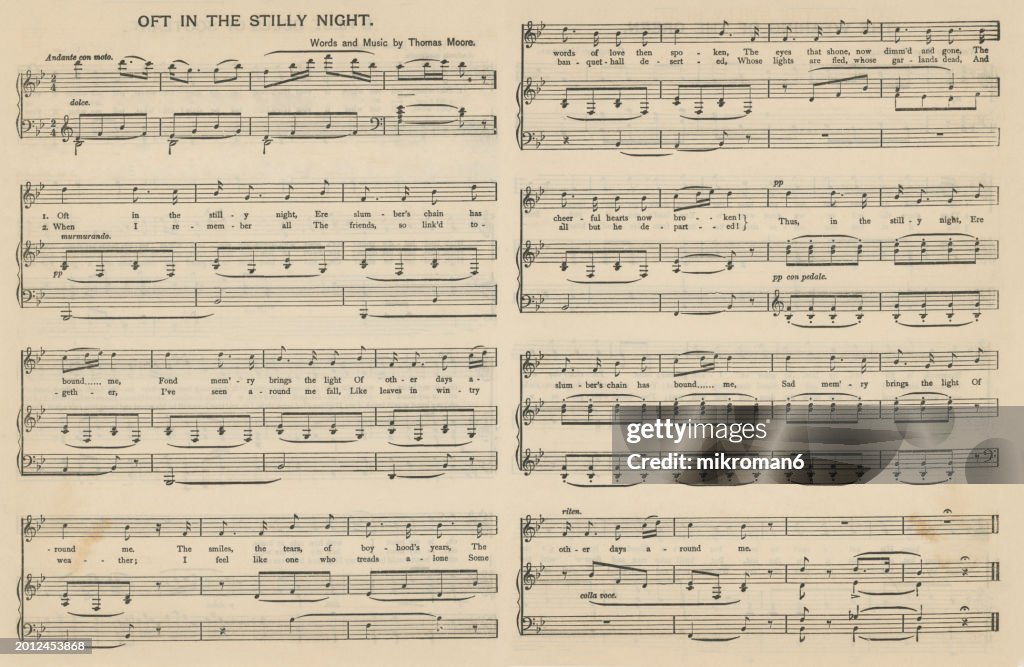 Old engraved illustration of sheet music and lyrics of “Oft in the Stilly Night” by Thomas Moore - the poem's melancholic tone conveys a sense of nostalgia and longing for a time that is gone forever