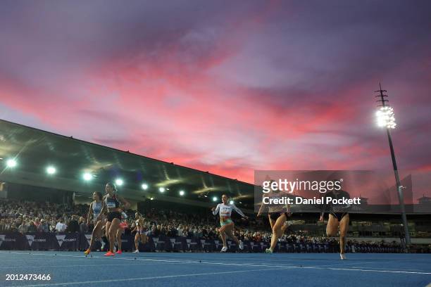 Zoe Hobbs of New Zealand wins the women's 100 metre final during the 2024 Maurie Plant Meet at Lakeside Stadium on February 15, 2024 in Melbourne,...