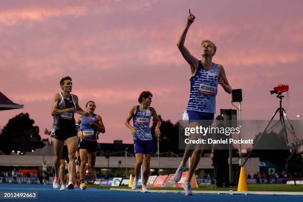 Stewart McSweyn of Australia wins the Men's John Landy Mile during the 2024 Maurie Plant Meet at Lakeside Stadium on February 15, 2024 in Melbourne,...