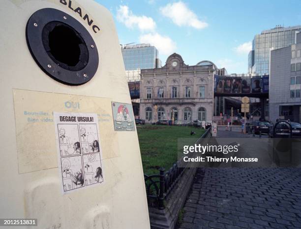 Sticker with 'Degage Ursula' is stuck on a glass bubble on February 17, 2024 in Brussels, Belgium. Ursula von der Leyen is the President of the...