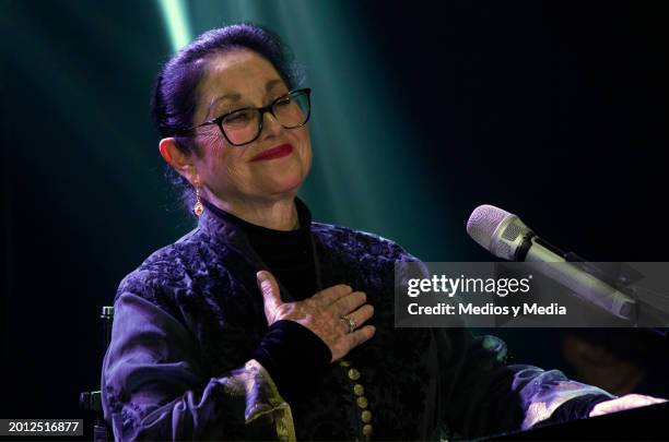 Host Angelica Aragon speaks during a presentation of `El amor no tiene receta´ soap at Televisa San Angel on February 14, 2024 in Mexico City, Mexico.