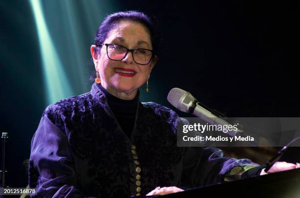 Host Angelica Aragon speaks during a presentation of `El amor no tiene receta´ soap at Televisa San Angel on February 14, 2024 in Mexico City, Mexico.