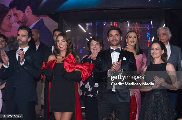 Jesus More, Claudia Martin, Daniel Elbittar and Altair Jarabo pose for a photo during a presentation of `El amor no tiene receta´ soap at Televisa...