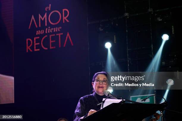Host Angelica Aragon speaks during a presentation of `El amor no tiene receta´ soap at Televisa San Angel on February 14, 2024 in Mexico City, Mexico.