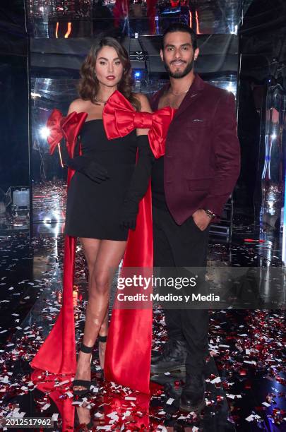 Claudia Martin and Hugo Catalan pose for a photo during a presentation of `El amor no tiene receta´ soap at Televisa San Angel on February 14, 2024...