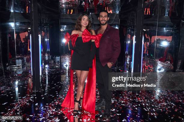 Claudia Martin and Hugo Catalan pose for a photo during a presentation of `El amor no tiene receta´ soap at Televisa San Angel on February 14, 2024...