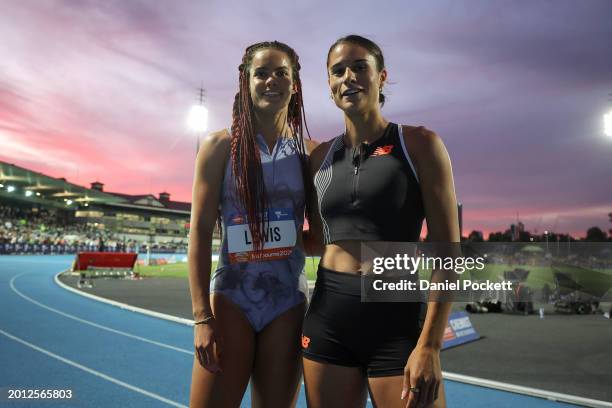 Torrie Lewis of Australia and Zoe Hobbs of New Zealand pose for a photograph after competing in the women's 100 metre final during the 2024 Maurie...