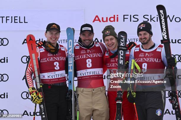 Jeffrey Read of Team Canada takes 2nd place, Vincent Kriechmayr of Team Austria takes 1st place, Marco Odermatt of Team Switzerland and Dominik Paris...