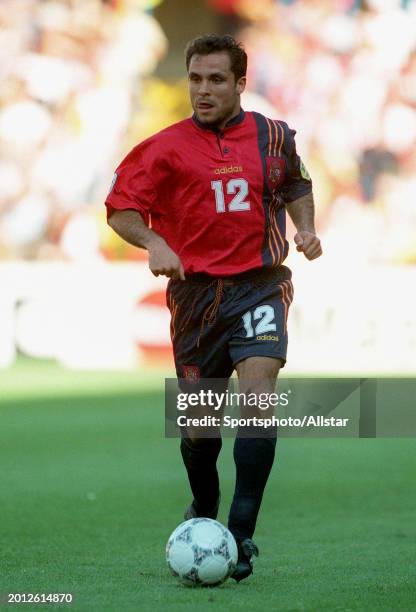 June 15: Barjuan Sergi of Spain on the ball during the UEFA Euro 1996 Group B match between France and Spain at Elland Road on June 15, 1996 in...