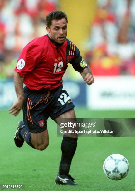 June 15: Barjuan Sergi of Spain on the ball during the UEFA Euro 1996 Group B match between France and Spain at Elland Road on June 15, 1996 in...