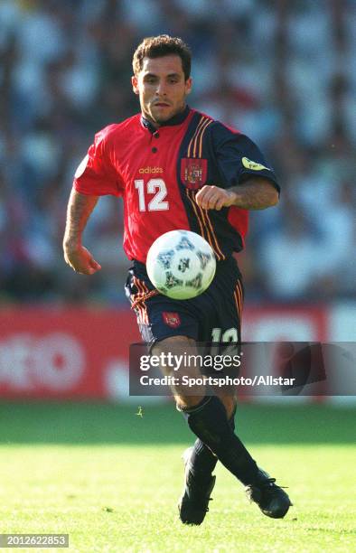 June 15: Barjuan Sergi of Spain on the ball during the UEFA Euro 1996 Group B match between France and Spain at Elland Road on June 15, 1996 in...