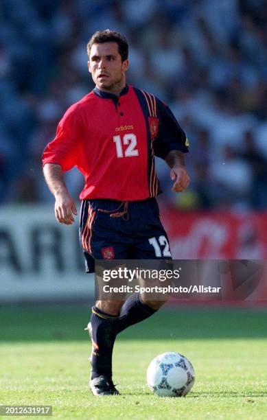 June 15: Barjuan Sergi of Spain on the ball during the UEFA Euro 1996 Group B match between France and Spain at Elland Road on June 15, 1996 in...