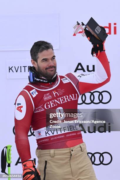 Vincent Kriechmayr of Team Austria takes 1st place during the Audi FIS Alpine Ski World Cup Men's Super G on February 18, 2024 in Kvitfjell Norway.