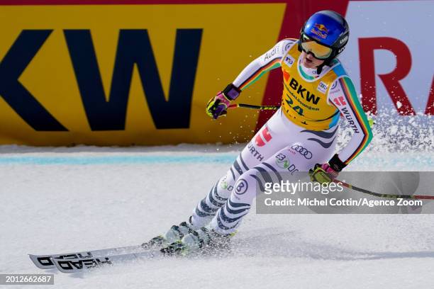Emma Aicher of Team Germany competes during the Audi FIS Alpine Ski World Cup Women's Super G on February 18, 2024 in Crans Montana, Switzerland.