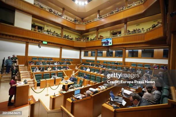 The spokesperson of the parliamentary group Elkarrekin Podemos-IU, Miren Gorrotxategi, speaks during a plenary session, at the Basque Parliament, on...