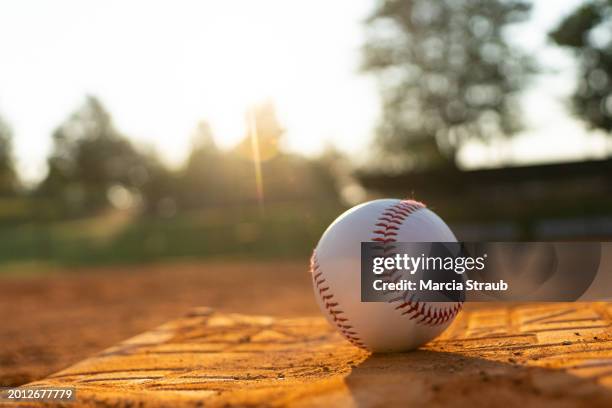 backlit infield and baseball on a base - béisbol fotografías e imágenes de stock