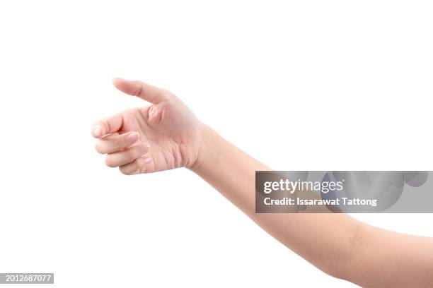 a hand holding an invisible gun, isolated on white background - pistool handwapen stockfoto's en -beelden