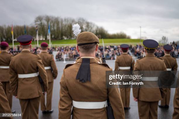 Junior Soldiers parade on the Regimental square as they graduate from the Army Foundation College on February 15, 2024 in Harrogate, England. The...