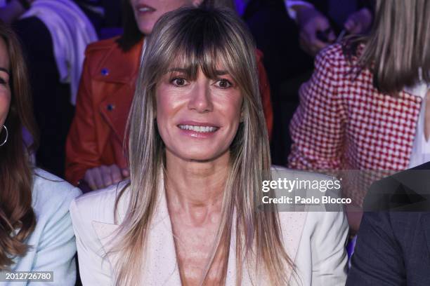Begoña Gomez attends the front row at the Pedro del Hierro fashion show during the Mercedes Benz Fashion Week Madrid at Ifema on February 15, 2024 in...
