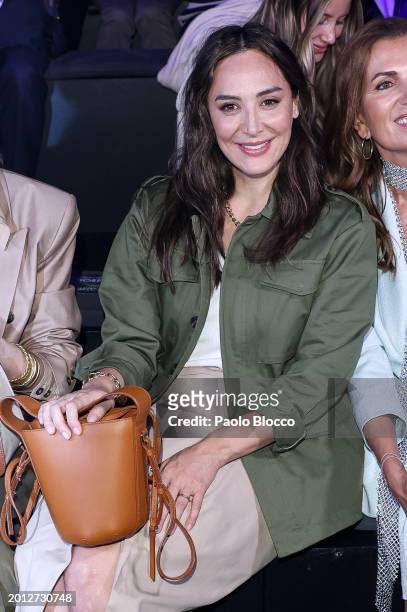 Tamara Falco attends the front row at the Pedro del Hierro fashion show during the Mercedes Benz Fashion Week Madrid at Ifema on February 15, 2024 in...