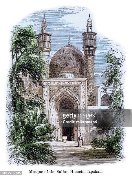 old engraved illustration of mosque of sultan hussein, ispahan, iran - ancient greece photos stock pictures, royalty-free photos & images