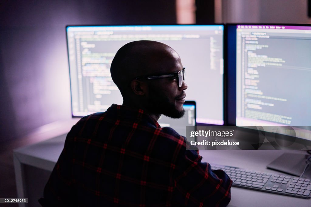 Cyber security, black man and code reflection in eyewear, hacking and software update in office. African American male employee, programmer or IT specialist with glasses, focus and cloud computing