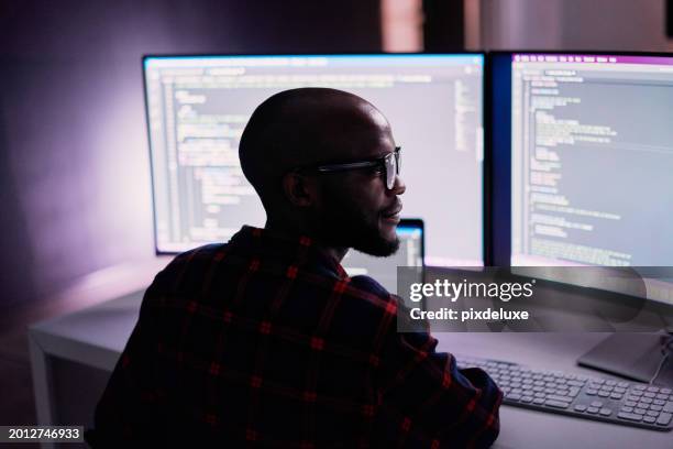cyber security, black man and code reflection in eyewear, hacking and software update in office. african american male employee, programmer or it specialist with glasses, focus and cloud computing - web designer imagens e fotografias de stock