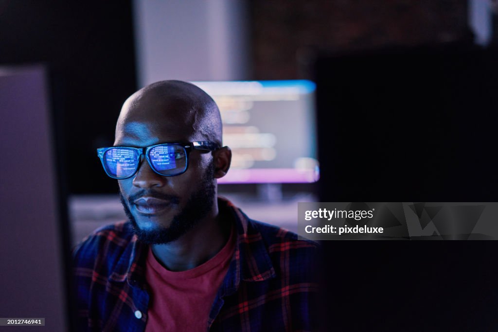 Cyber security, black man and code reflection in eyewear, hacking and software update in office. African American male employee, programmer or IT specialist with glasses, focus and cloud computing