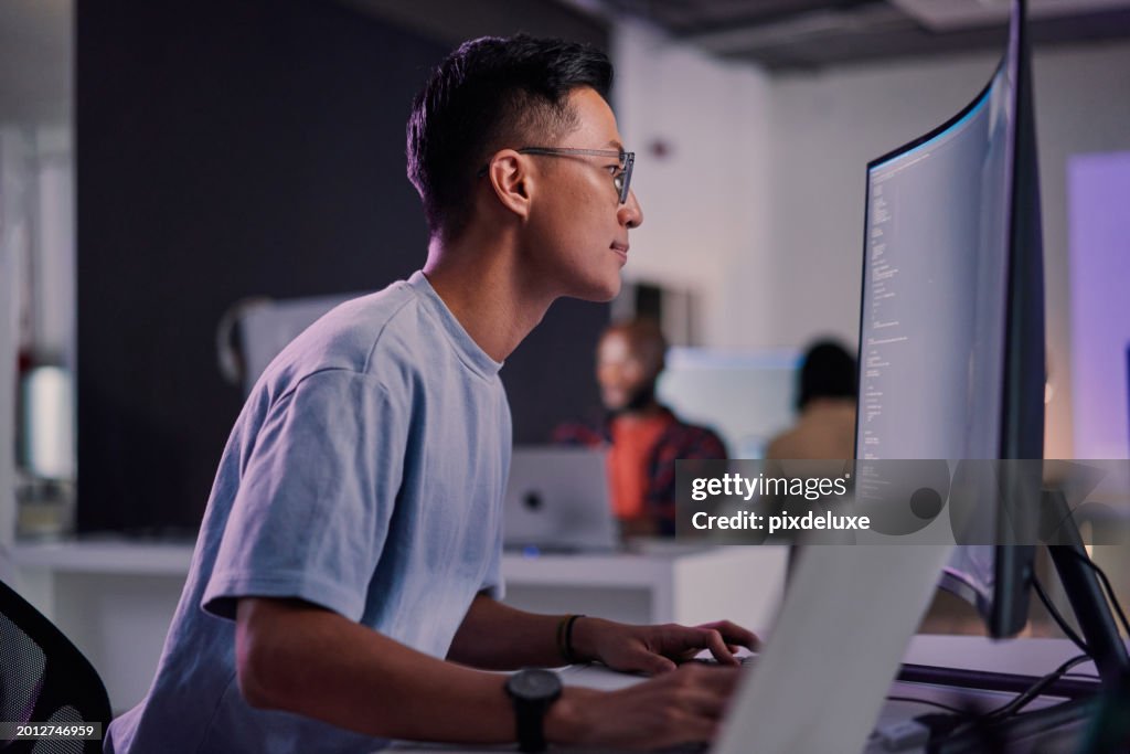 Computer coding, programming and asian man in cybersecurity, software development and html script. Night person from china with information technology career, database code and monitor network safety
