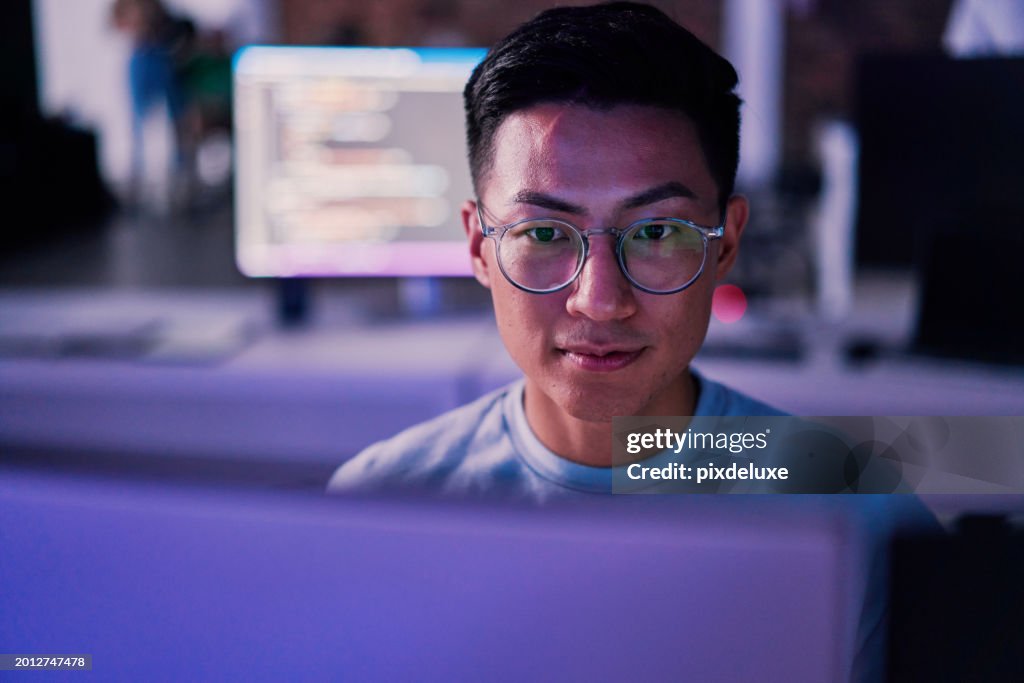 Businessman, computer or programming code in night office for software development, cybersecurity or database safety. Asian programmer, developer or engineer on technology for web 3.0 coding in dark