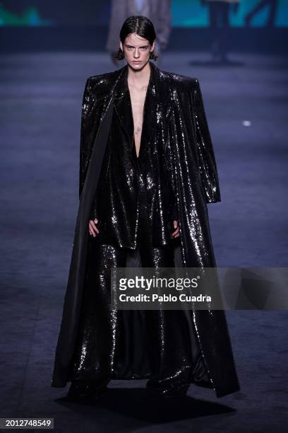 Model walks the runway at the Pedro Del Hierro fashion show during the Mercedes Benz Fashion Week Madrid at Ifema on February 15, 2024 in Madrid,...