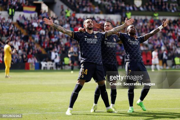 Joselu Mato of Real Madrid celebrates 0-1 with Lucas Vazquez of Real Madrid, Vinicius Jr of Real Madrid during the LaLiga EA Sports match between...