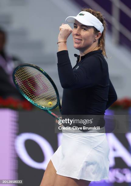 Anastasia Pavlyuchenkova celebrates match point against Danielle Collins of the United States in their women's Quarterfinal match during the Qatar...
